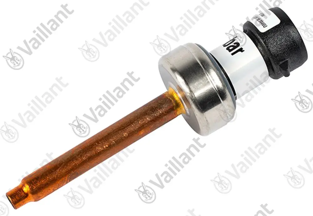 Vaillant-Sensor mit metallischem Gehäuse und einer länglichen, kupferfarbenen Sensorstange, montiert auf einem schwarzen Anschluss.